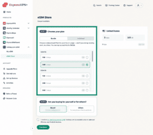 eSIM Store page in the ExpressVPN+ dashboard. The "STEP 1" widget is highlighted.