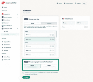 eSIM Store page in the ExpressVPN+ dashboard. The "STEP 2" widget is highlighted.