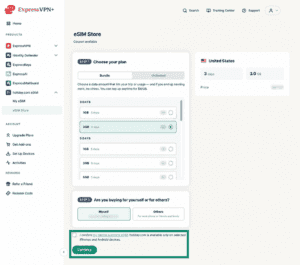 eSIM Store tab in the ExpressVPN + dashboard. The device eSIM support checkbox and "Continue" button are highlighted.