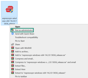 Right-click menu for the ExpressVPN installer on Windows 10. The "Run as administrator" option is highlighted.