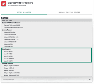 ExpressVPN router selection list displaying various manufacturers, with the "Asus Routers" section options highlighted inside a teal box.