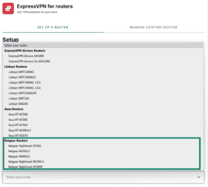 ExpressVPN for routers router selection list, with the "Linksys Routers" section options highlighted inside a teal box.