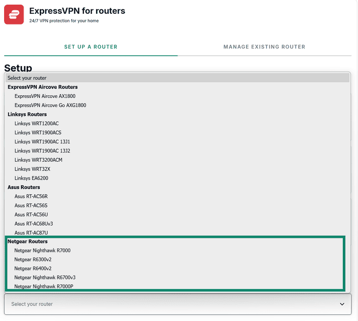ExpressVPN for routers router selection list, with the "Linksys Routers" section options highlighted inside a teal box.