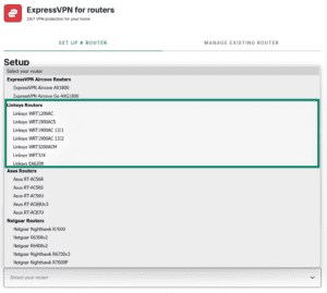 ExpressVPN for routers router selection list, with the "Linksys Routers" section options highlighted inside a teal box.