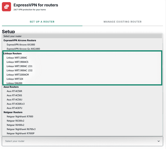 ExpressVPN for routers router selection list, with the "Linksys Routers" section options highlighted inside a teal box.