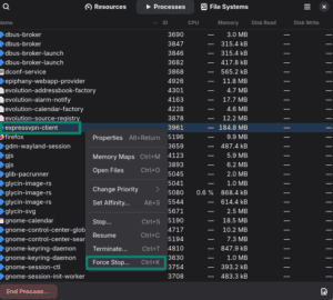 The System Monitor app on Linux, with the ExpressVPN client highlighted, alongside the "Force Stop" option.