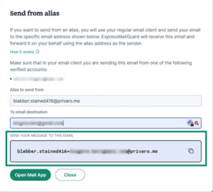 The "Send your message to this email" field in the "Send from alias" window in ExpressMailGuard.