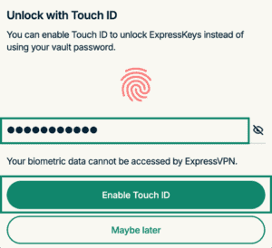 The "Unlock with Touch ID" pop-up in the ExpressKeys app for macOS, with a highlighted censored password and the "Enable Touch ID" button.