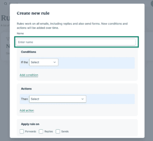 The Create new rule dialog box, showing the Name field.