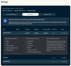 The Identity Defender Privacy screen, showing the In Progress tab, with an example.