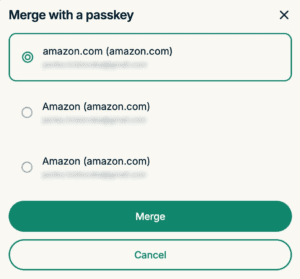 The "Merge with a passkey" pop-up in the ExpressKeys app for macOS.
