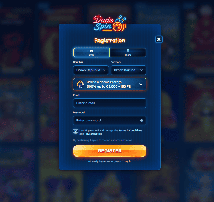 Dudespin Casino Register and Login Page 