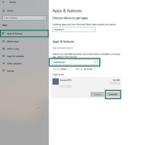 Windows 10 Settings Apps & features page showing ExpressVPN in the search results, with the "Uninstall" button highlighted inside a teal box.