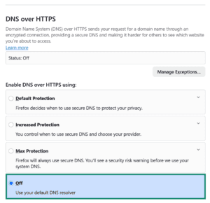 Firefox security settings, showing a highlighted "Off" option for the "Enable DNS over HTTPS using" feature.