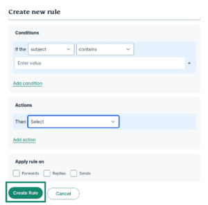 The Create new rule dialog box, showing the Conditions field.