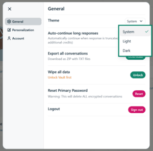 Screenshot of the ExpressAI settings menu on desktop. A arrow points to Dark in the dropdown menu next to the theme section.