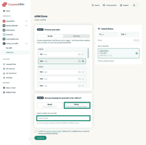 eSIM Store tab in the ExpressVPN + dashboard. The "Others" option and "Add a name" field are highlighted.