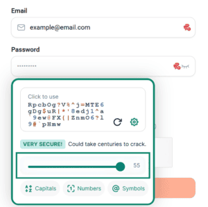 ExpressKeys password generator popup, with the password length slider set to 55 highlighted in a green box.