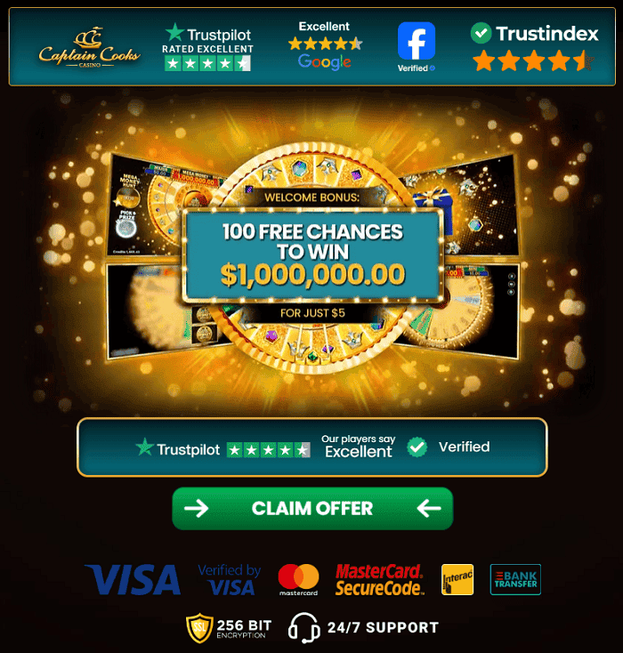 Play 100 free spins on Mega Money Wheel jackpot game at Captain Cooks Casino
