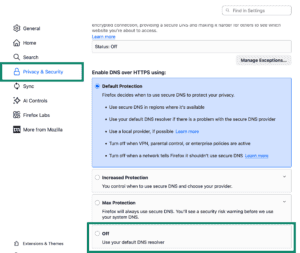 Firefox's "Privacy & Security" tab, showing the "Off" option for Enable DNS over HTTPS.