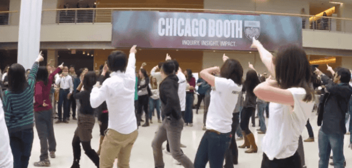 Chicago Booth Students Step-Up to Welcome Freshers flash dance uptown funk MBA perform