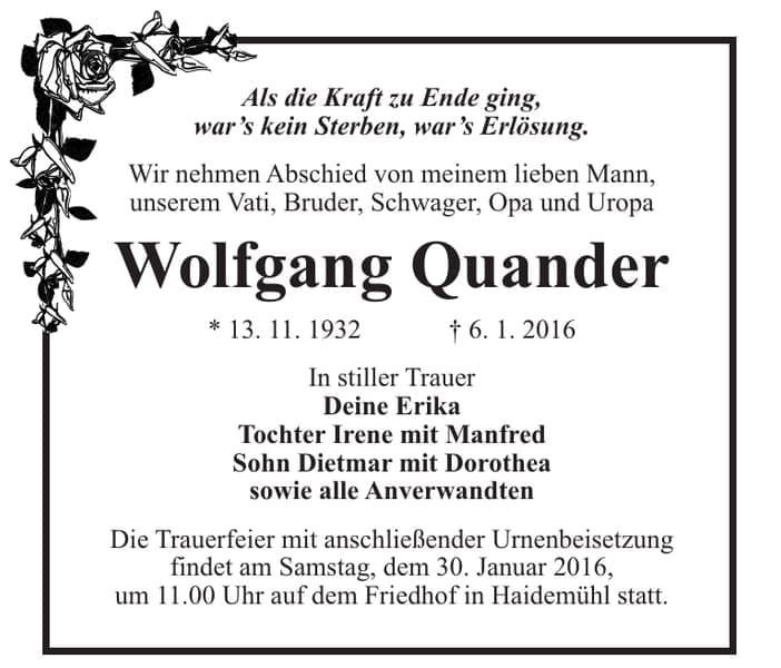 Traueranzeige Wolfgang Quander