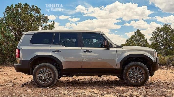 Thân xe Toyota Land Cruiser Prado LC250 2025 với các đường cắt mạnh mẽ gân guốc tôn vẻ cơ bắp cho mẫu xe