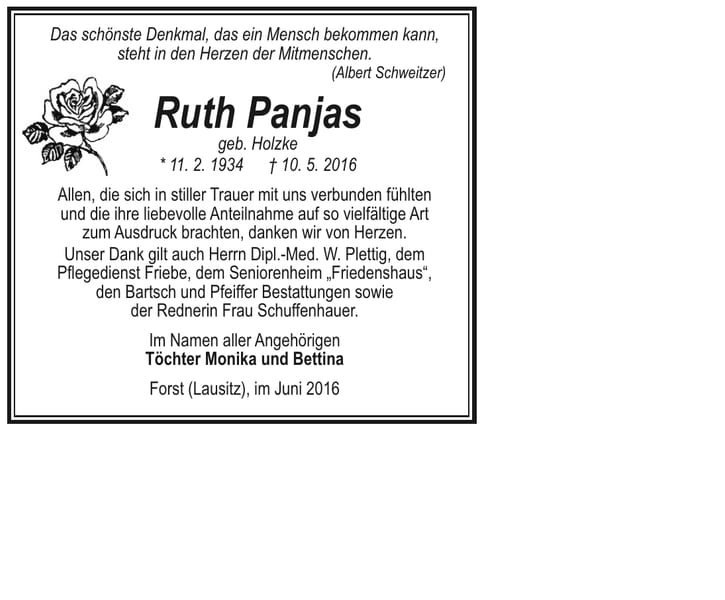 Danksagung Ruth Panjas, geb. Holzke