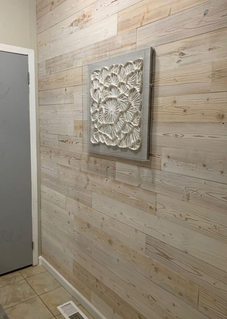 wood plank faux shiplap wall