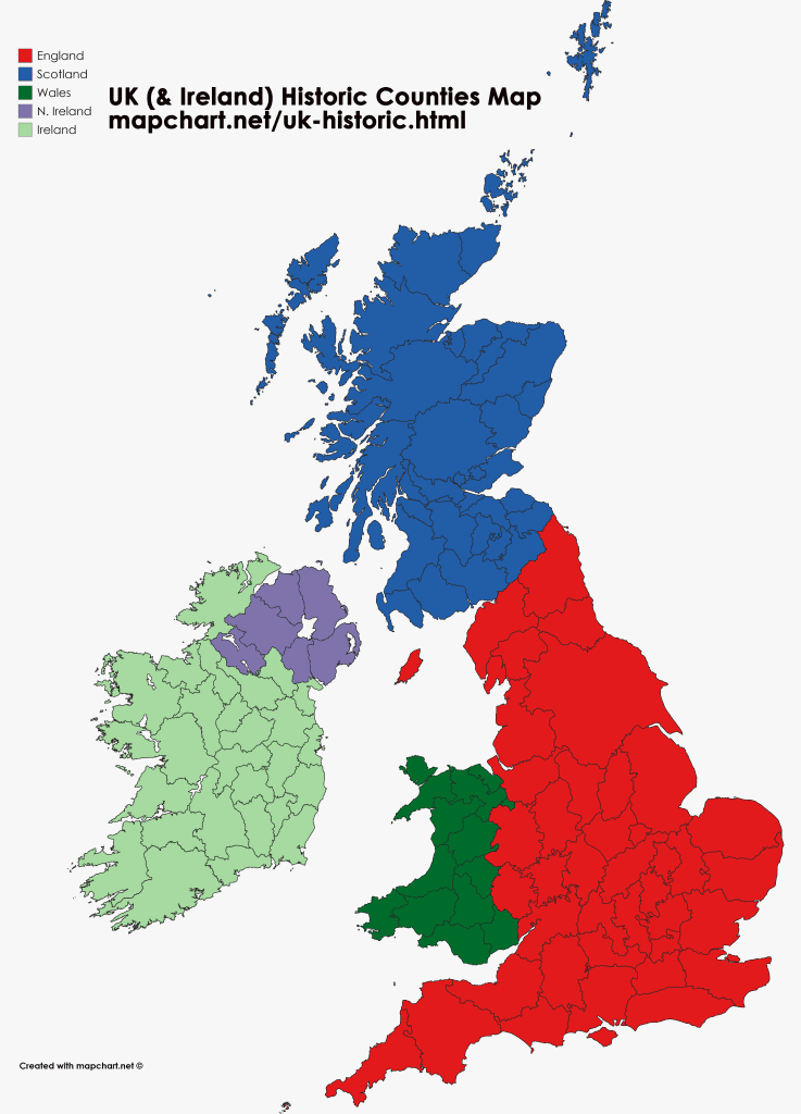 United Kingdom map showing England, Wales, Scotland and N Ireland historic counties