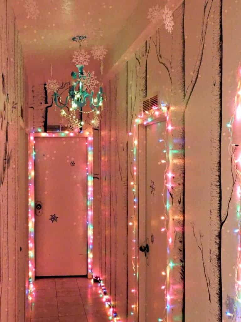 Hallway with Christmas decorations and lights