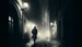 A lone figure in a trench coat walks through foggy, narrow streets.