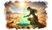 A warrior in armor kneels in a barren desert landscape, evoking the essence of a Dungeons & Dragons adventure. Under a bright sun, they hold a glowing green flame. The dry terrain and distant mountains create an atmosphere rich with fantasy and mystery.
