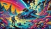A vibrant sci-fi scene unfolds like a Dungeons & Dragons adventure, with an astronaut standing before a crashed spaceship on an alien landscape. Colorful plants and mushrooms surround the area, while multiple planets hover in the sky above jagged mountain peaks.