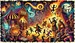 A lively festival scene with costumed figures dancing and playing instruments under colorful lights. A banner reading Fardust Festival hangs above a striped tent. Fire performers and jesters entertain the crowd, reminiscent of a bards tale in a Pathfinder RPG, as vibrant colors illuminate the night.