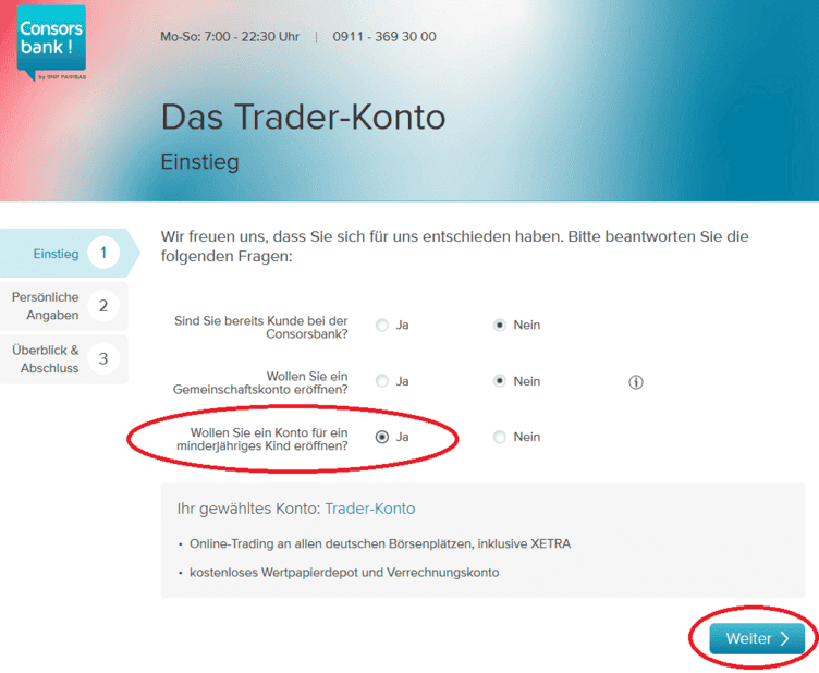 Hier wählst du beim unteren Punkt „Wollen Sie ein Konto für ein minderjähriges Kind eröffnen?“ „Ja“ aus und klickst dann auf Weiter.