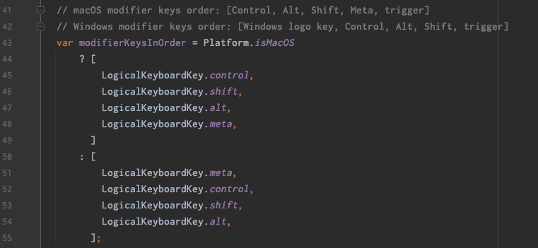 Screenshot from the app's codebase showing how to handle modifier shortcut keys.