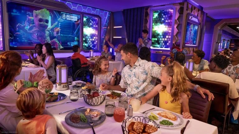 Worlds of Marvel, Disney Cruise Line’s Marvel-themed dining experience, will host guests for an out-of-this-world celebration starring the lively duo of Rocket and Groot from the blockbuster Marvel Studios “Guardians of the Galaxy” films on the Disney Destiny. (Disney)