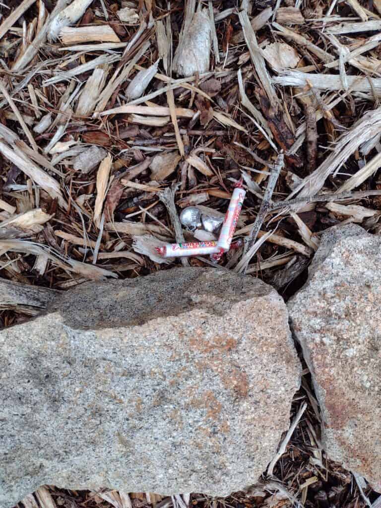 Picture of Smarties and Hershey's kisses hidden behind rocks