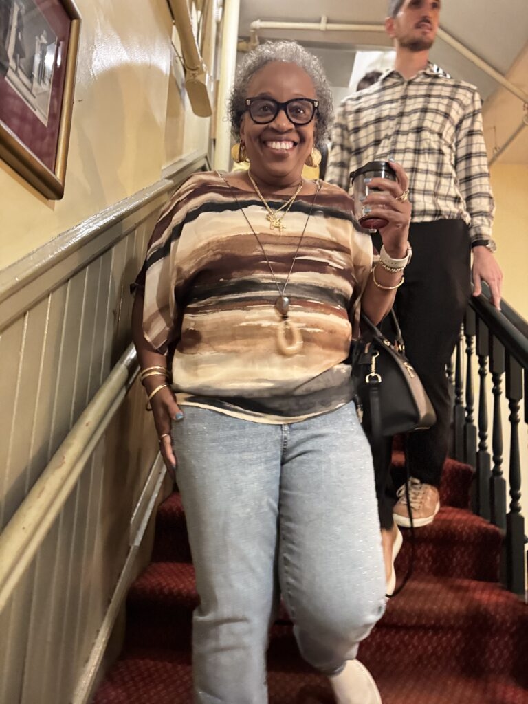 Walking down the steps at Westside Theatre. Accessibility at Westside Theater, Little Shop of Horrors.