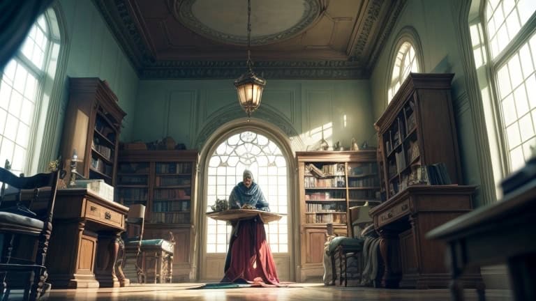 A person in historical attire stands reading a large book on a stand in an ornate, sunlit library, resembling a scene from Pathfinder RPG. The room features arched windows, shelves brimming with books, wooden furniture, and a decorative ceiling light.