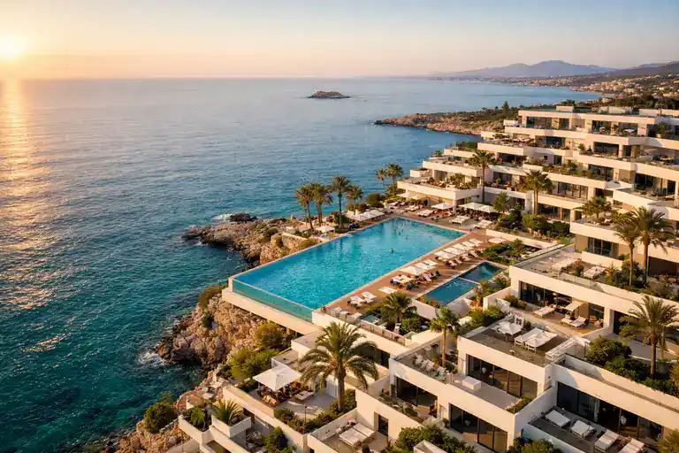Vista aérea de complejo hotelero de lujo con piscina infinity y mar Mediterráneo al fondo, grabada con drone cinematográfico DJI Inspire 3 en resolución 4K