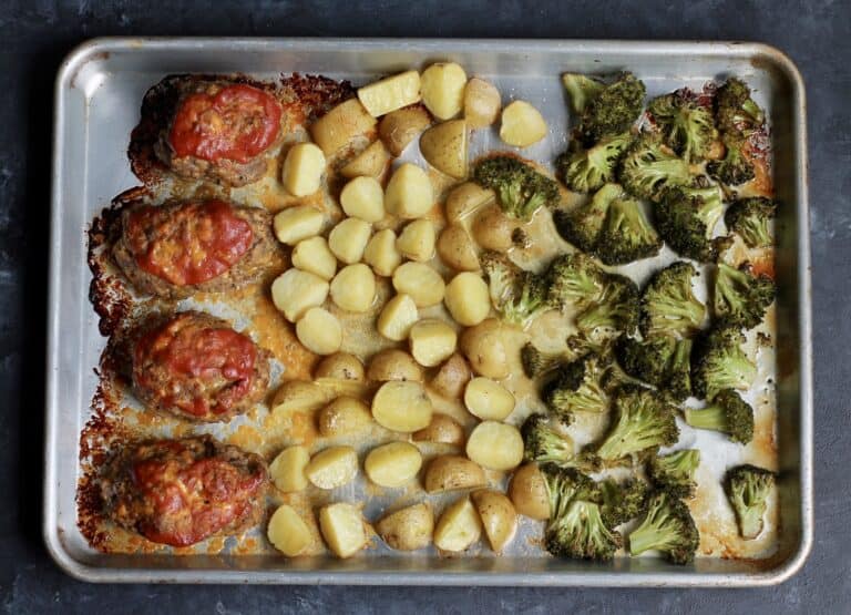 mini meatloafs with potatoes and broccoli in sheet pan