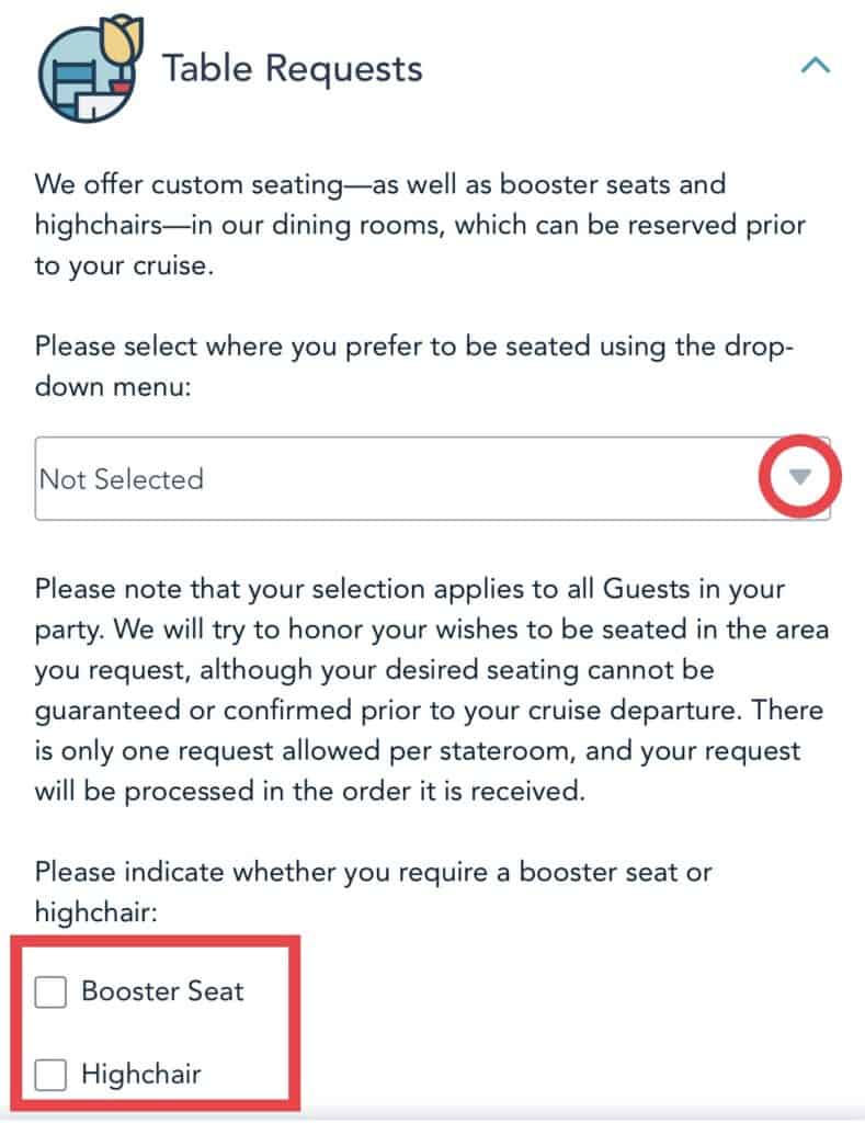 Choose Drop Down Menu for Disney Cruise Line Dining Special Requests