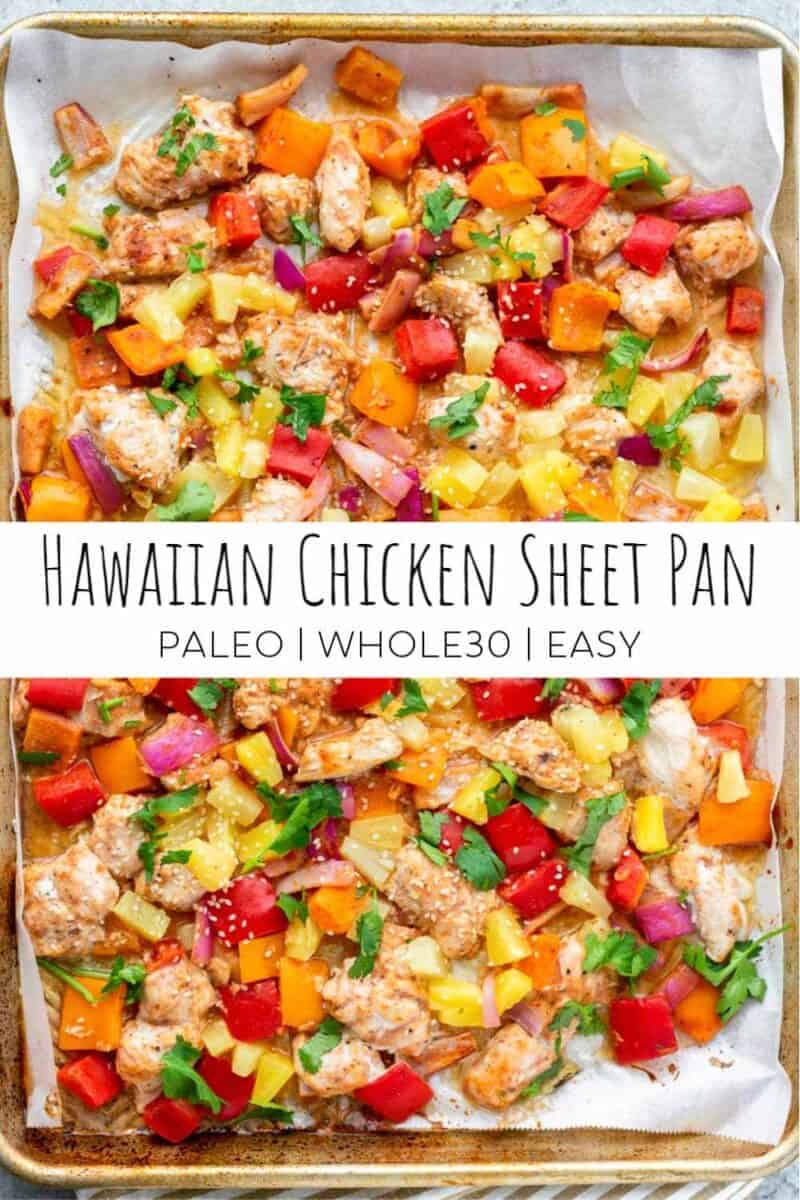 hawaiian chicken sheet pan meal with chicken, pineapple and red and yellow peppers