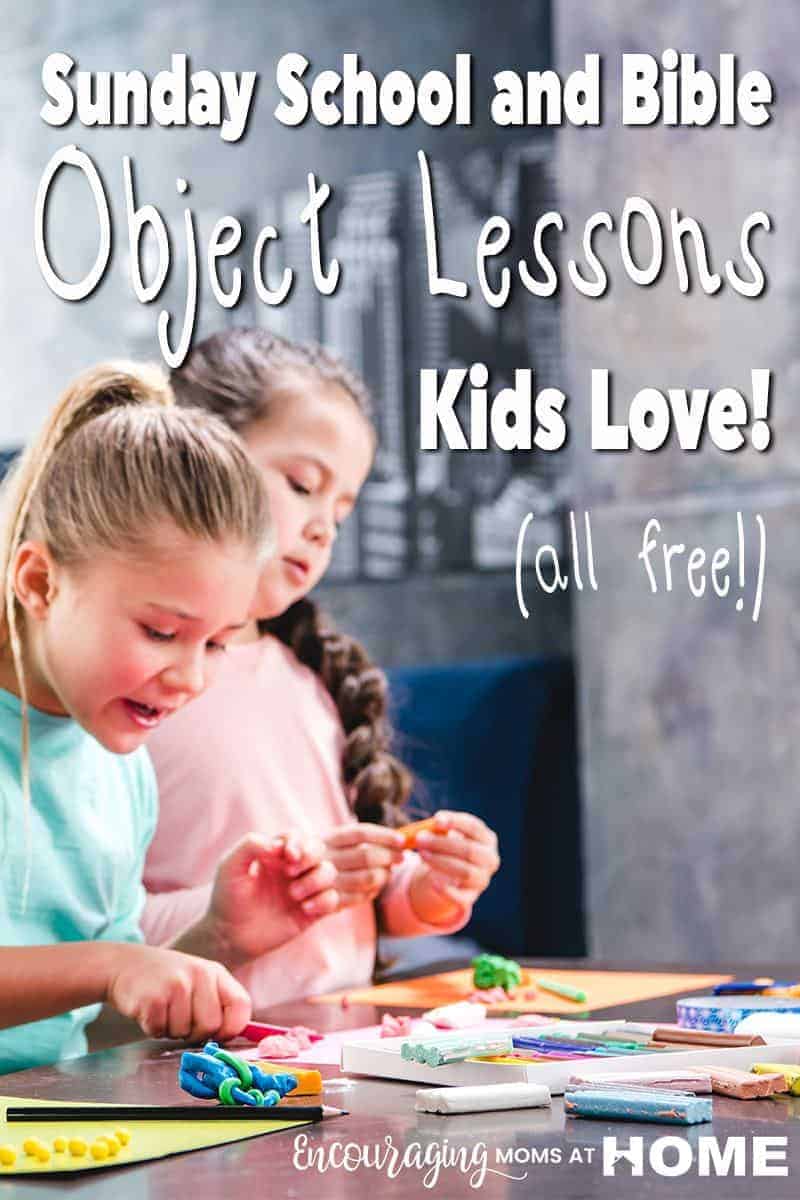Finding quality, free Bible lessons for kids can be a daunting task. Here are 10 awesome and fun Bible lessons for kids. Two kids enjoy Bible class. Text Overlay Sunday school and Bible Object Lessons Kids Love.