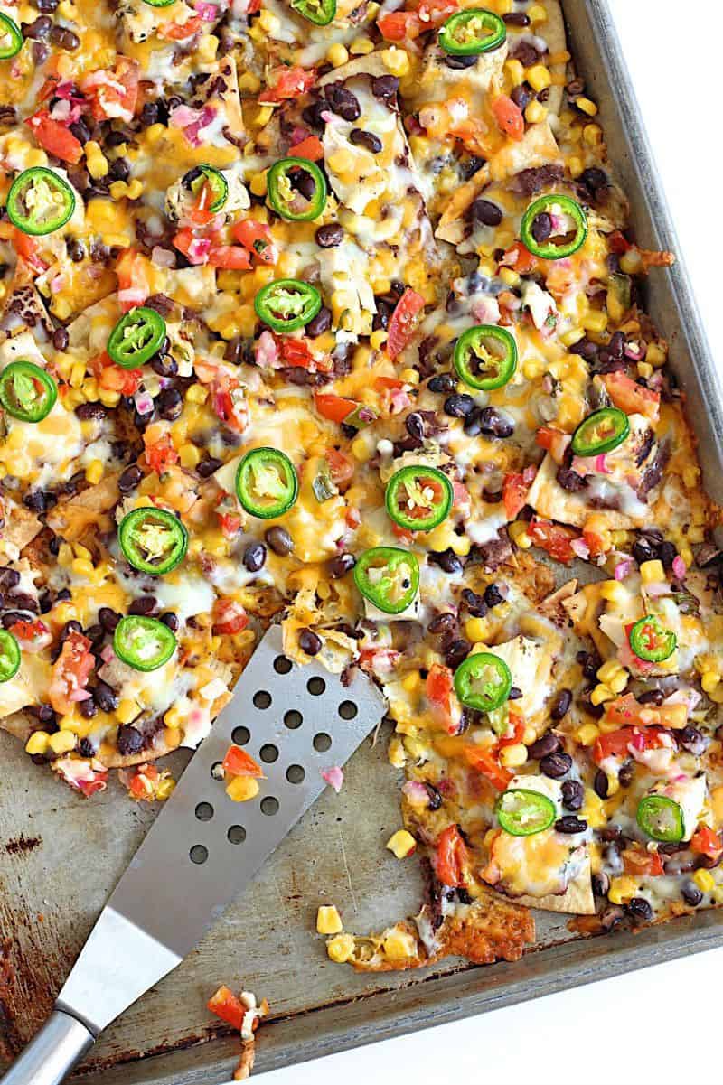 sheet pan nacho meal tortillas, peppers, cheese
