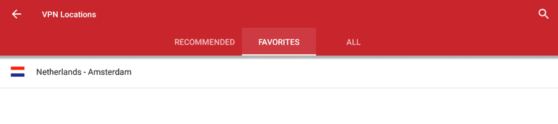 The favorite locations tab on the ExpressVPN for Nvidia Shield app.