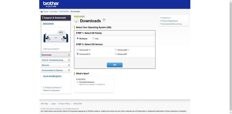 Brother support site with the windows 10 option for the Scan N Cut firmware update download