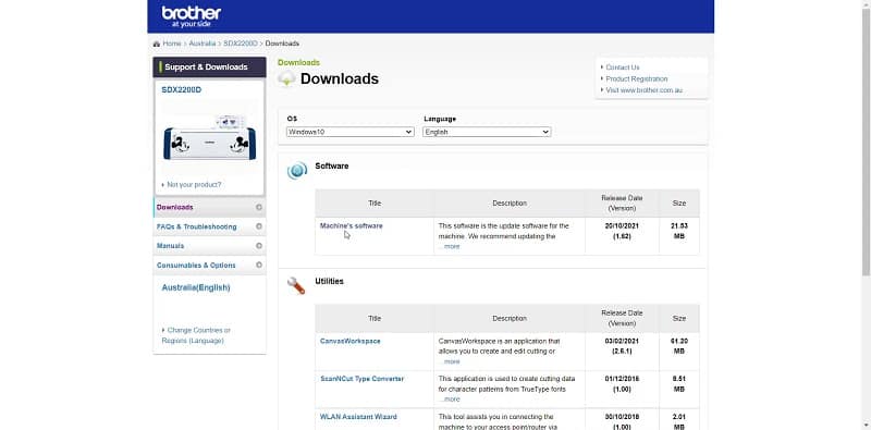 Brother support site with the Scan N Cut firmware download file available with size, version and date.